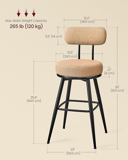 VASAGLE 360° Swivel Bar Stools Set of 2, Counter Height Bar Stools with Back, Boucle Fabric, Contemporary Modern, 25.4 Inch Tall, Kitchen and Home Bar, Camel Brown ULBC130K01V1
