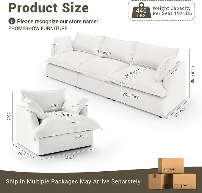 114” Oversized Modular Sectional Sofa, Comfy Down Fill Cloud Couch, 3 Seater Modular Sofa Couch with One Single Seat, Convertible Sectional Couches for Living Room, Linen, Cream White