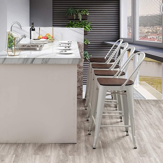 Aklaus Swivel Metal Bar Stools Set of 4 Counter Height Stools Counter Bar Stools with Back Swivel Metal Bar Chairs Wooded Seat 30 Inch White Cream barstools
