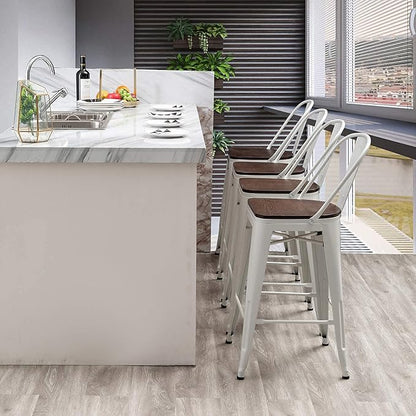 Aklaus Swivel Metal Bar Stools Set of 4 Counter Height Stools Counter Bar Stools with Back Swivel Metal Bar Chairs Wooded Seat 30 Inch White Cream barstools