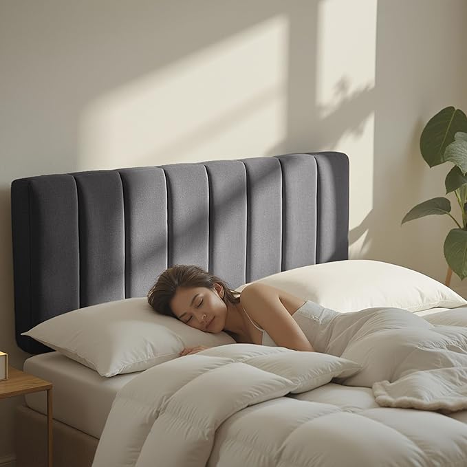 Nestl Upholstered Queen Headboard - Easy Assemble Channel Stitched Headboard Queen Size - Wall Mounted Headboards with 3D Soundproof Wall Panels Peel & Stick Floating Headboards, Grey
