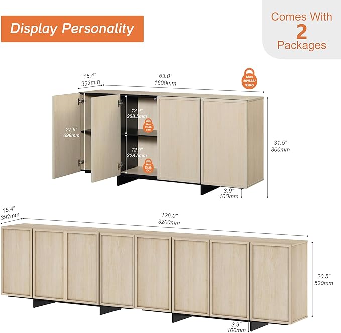 WAMPAT Modern Sideboard Buffet Cabinet with 8 Doors, Multifunctional Sideboard with Large Storage and T-Shaped Legs, Coffee Bar Cabinet Storage Cabinet for Kitchen, Living Room, Light Oak