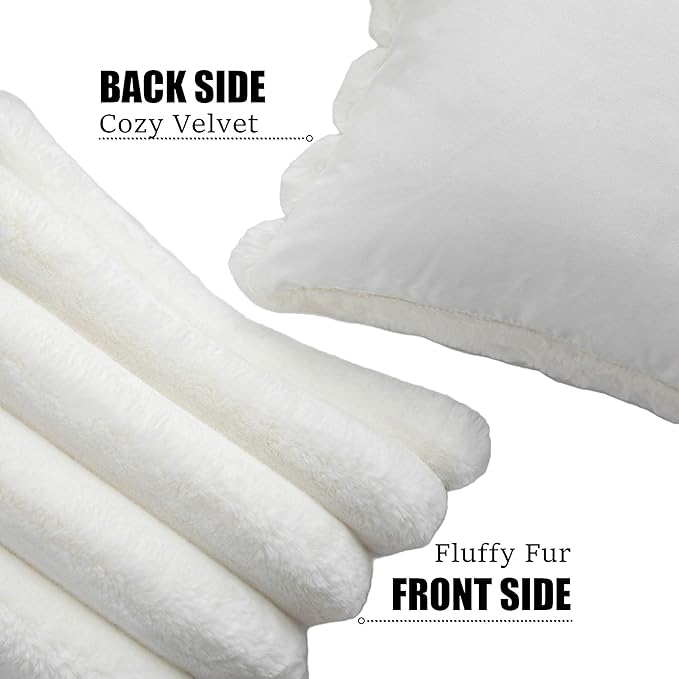 Neelvin Cream White Faux Fur Cozy Soft Striped Decorative Throw Pillow Covers 12x20 inch Set of 2,Velvet Pillowcase Cushion Case for Sofa Couch
