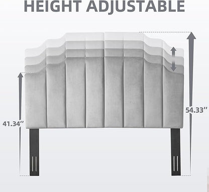 Tufted Headboard, Comfort Velvet Upholstered Headboard, Modern Vertical Channel Design, King Size Bed Compatible, Easy Assembly，Soft Grey