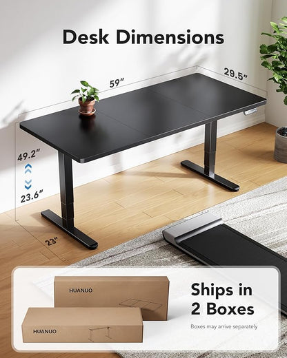 HUANUO 60x30 Inch 3-Stage Legs Electric Standing Desk, Large Height Adjustable Office Desk with Brushless Motor, Stand Up Desk with 4 Memory Presets & 2 Hooks, Computer Desk for Home Office, Black