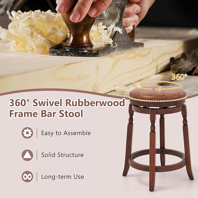 COSTWAY Round Swivel Wooden Bar Stools Set of 2, 24-inch Upholstered Backless PU Leather Farmhouse Counter Chairs with Footrest, Decorative Rivets for Kitchen Island, Dining Room, Walnut