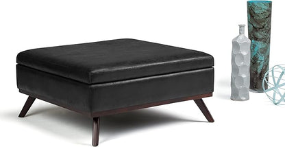 SIMPLIHOME Owen 36 inch Wide Mid Century Modern Square Coffee Table Storage Ottoman in Distressed Black Vegan Faux Leather, Assembled, for the Living Room, Entryway and Family Room