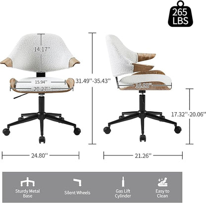 Art Leon Swivel Desk Chair, Mid Century Modern Office Chair with Wheels, Boucle Fabric Upholstered Arm Chair, Adjustable Height Task Chair with Metal Base, Washed Oak Bentwood, White