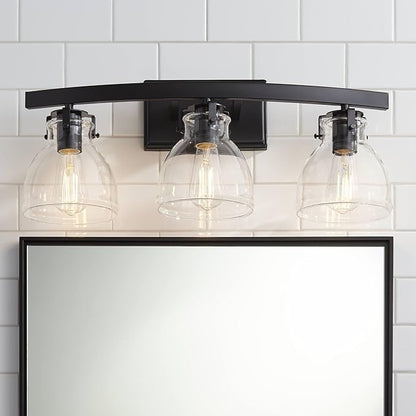 Possini Euro Design Bellis Modern Industrial Wall Light Black Hardwired 22 3/4" 3-Light Fixture Clear Curving Glass Shade for Bedroom Bathroom Vanity Living Room Home Hallway Dining Kitchen House