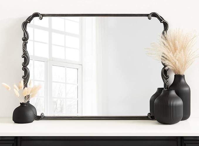 Kate and Laurel Traditional Rounded Rectangle Ornate Mirror; 20 x 27; Black; Ornamental Round Rectangular Classic Framed Wall Mirror for Bathroom Vanity or Fireplace Mantel