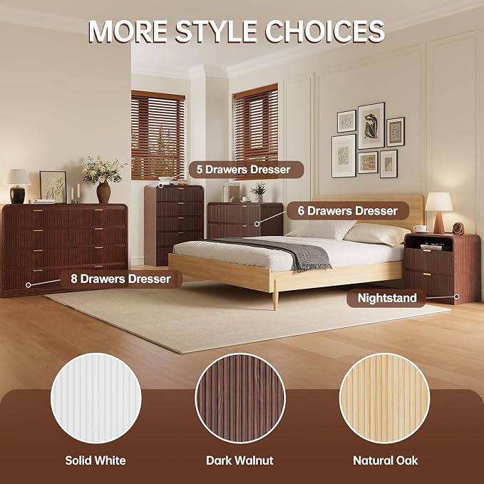 FURSUN Fluted 8 Drawers Dresser for Bedroom, 55" Wide Wooden Dresser with Metal Handle, Curved Profile Design, Modern Storage Organizer for Bedroom, Hallway (Walnut)