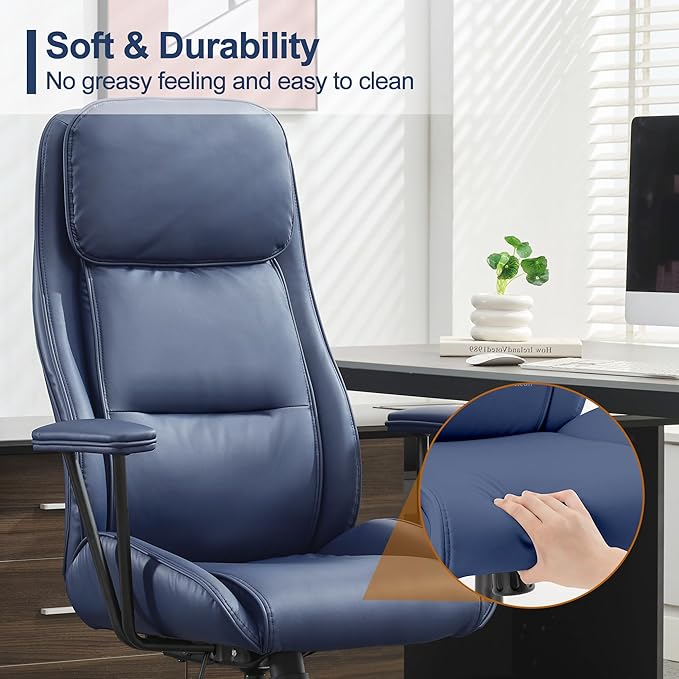 High Back Office Desk Chair,Ergonomic Reclining Office Chair,Modern Swivel Computer Chair,Conference Room Chairs,Navy Blue Leather Chair with Lumbar Support,330lbs