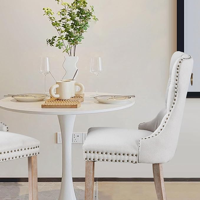 Linen Upholstered Dining Chairs Set of 6, Modern Style Kitchen Side Chairs with Nailhead Trim and Wood Leg, Metal Pulling Ring for Dining Room Living Room(Beige,Set of 6)