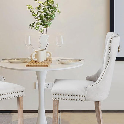 Linen Upholstered Dining Chairs Set of 6, Modern Style Kitchen Side Chairs with Nailhead Trim and Wood Leg, Metal Pulling Ring for Dining Room Living Room(Beige,Set of 6)
