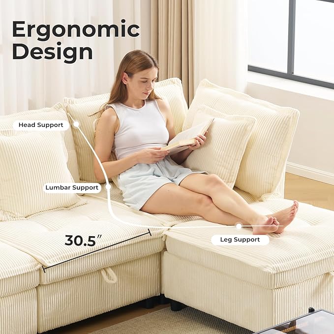 133" Modular Sectional Sofa, L-Shaped Corduroy Comfy Sectional Couches for Living Room, 3-Seater Cloud Couches with 1 Ottoman, Modern Deep Seat Sofa with Large Storage, Corduroy Beige