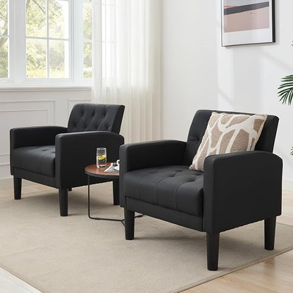 TYBOATLE Accent Chair Comfy Living Room Chair Black Leather Tufted Mid Century Modern Accent Chairs Small Cozy Reading Arm Chair for Office, Bedroom (1, Black)
