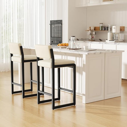 Bar Stools Set of 3, Fabric Counter Height Bar Stools with High Back and Metal Legs, Upholstered Bar Chairs, 26" Modern Barstools for Kitchen Island, Beige