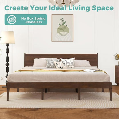 King Bed Frame and Headboard, Mid Century Platform Bed Frame, Malaysian Oak King Bedframe with Adjustable Support Legs, No Box Spring Needed, Easy Assembly, Antique Espresso