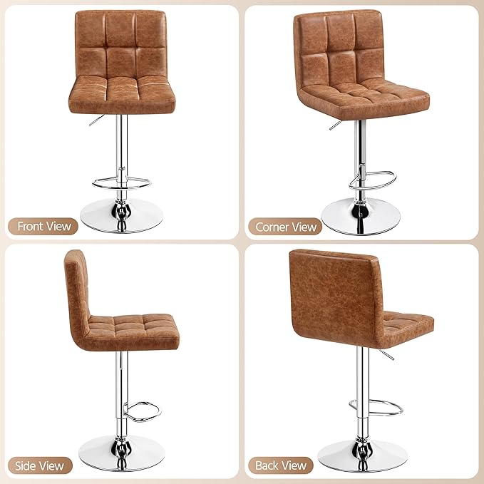 Yaheetech Bar Stools Set of 4, PU Leather Swivel Barstools, Height Adjustable Counter Chairs, Modern Stools with Back for Bar Kitchen Island Dining Room, Retro Brown