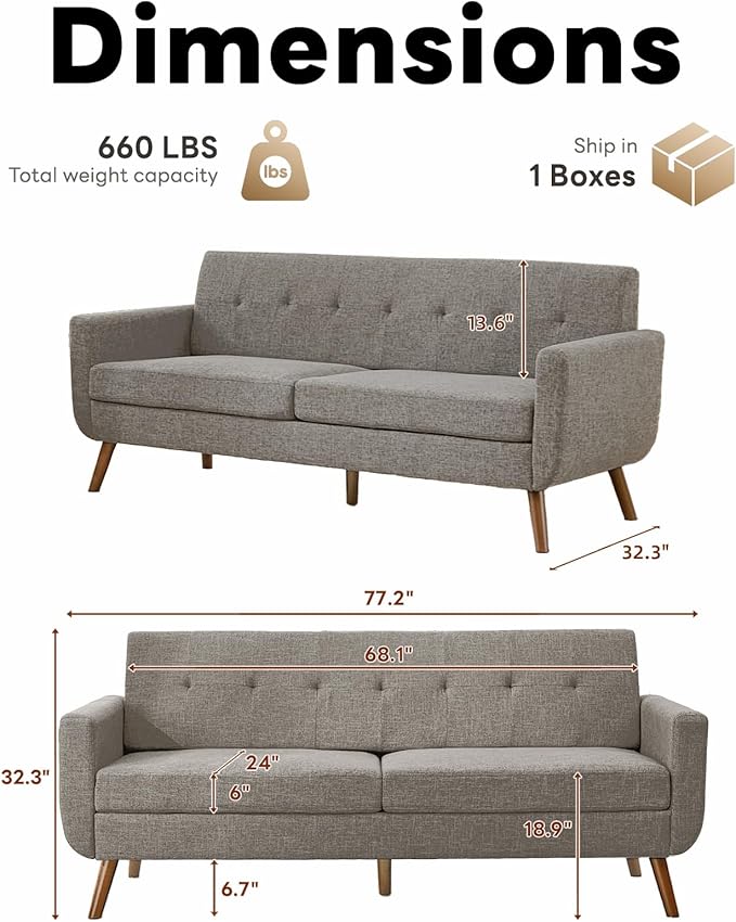 Tbfit Loveseat Sofa, 77" W Mid Century Modern Love Seat Small Loveseat for Bedroom, Button Tufted Upholstered Small Couch Sofa for Living Room, Gray