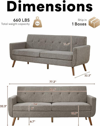 Tbfit Loveseat Sofa, 77" W Mid Century Modern Love Seat Small Loveseat for Bedroom, Button Tufted Upholstered Small Couch Sofa for Living Room, Gray