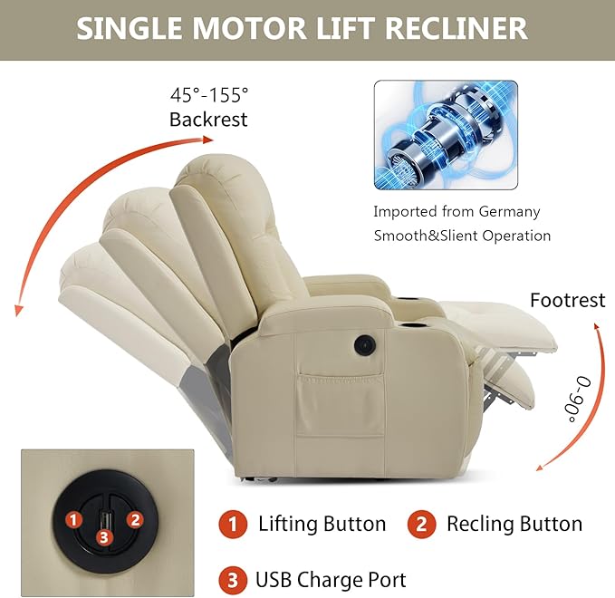 PELUMY Manual Lift Recliner Chair for Elderly with Massage & Heat, Oversized Heavy Duty 350 lbs Recliner with Cup Holders & USB Ports, Infinite Positioning Lift Chair (Breathable Leather, Beige)