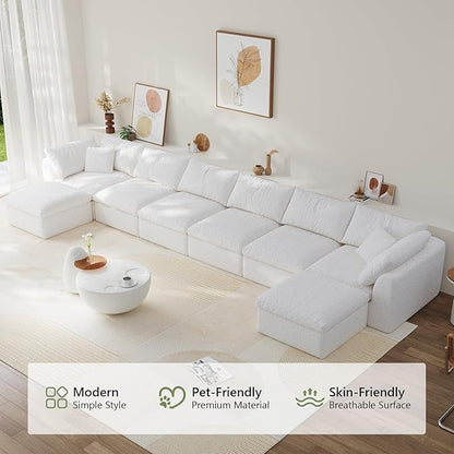 Boneless Cloud Couch Modular Sectional Sofa with Deep Seat for Living Room, L Shape Couch with Ottoman, Snowflake Cloth and 40D Memory Sponge，2 Throw Pillows (White, 6 Seater+2 Ottoman)