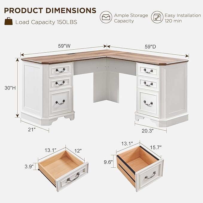 T4TREAM L Shaped Desk with Drawers,59" Farmhouse Wood Home Office Executive Desk,Charging Station,File Drawer, Storage Cabinet,Computer Desk for Work and Study (Antique White)