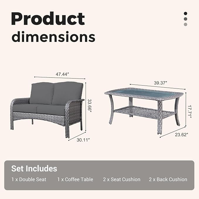 2 Pieces Wicker Patio Furniture Loveseat with Table - Outdoor Rattan Patio Bistro Set of 2,All-Weather PE Wicker Conversation Sofa High Back Deep Seating for Deck Porch Yard,Black