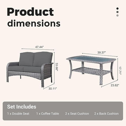 2 Pieces Wicker Patio Furniture Loveseat with Table - Outdoor Rattan Patio Bistro Set of 2,All-Weather PE Wicker Conversation Sofa High Back Deep Seating for Deck Porch Yard,Black