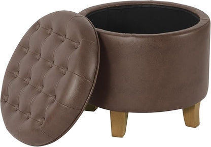 Homepop Home Decor | Upholstered Round Faux Leather Tufted Foot Rest Ottoman | Ottoman with Storage for Living Room & Bedroom | Decorative Home Furniture, Brown Faux Leather