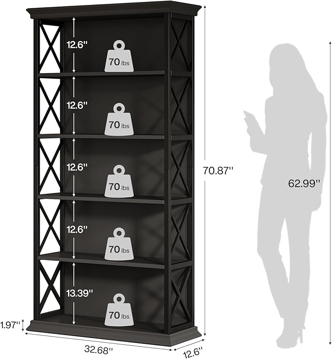 Tribesigns 71-Inch Tall Bookcase, 5-Tier Industrial Metal Bookshelf, Large Etagere Bookcases and Bookshelves, Freestanding Display Shelves for Living Room, Bedroom, Black