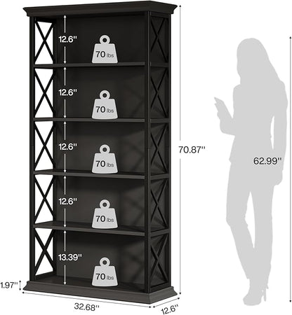 Tribesigns 71-Inch Tall Bookcase, 5-Tier Industrial Metal Bookshelf, Large Etagere Bookcases and Bookshelves, Freestanding Display Shelves for Living Room, Bedroom, Black