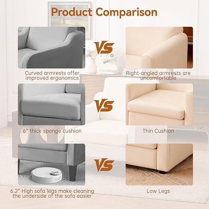 Accent Chair for Living Room, Modern Velvet Living Room Chairs with Wide Backrest, Upholstered Comfy Chair with Cushion, Oversized Sofa Chair with Wood, Single Armchair for Bedroom, Grey