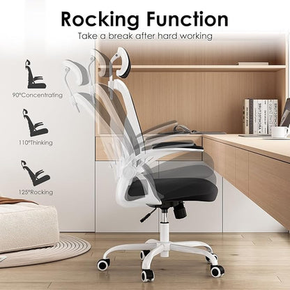 Farini Ergonomic Office Chair, Home Office Desk Chair with Headrest, High Back Computer Chair with Armrests and Adjustable Lumbar Support for Home Office Study Room, White & Black