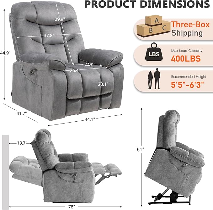 EONIX Oversized Wide Big Man Power Lift Recliner Chair for Elderly with Heat and Massage, 400lbs Dual Motor Lay Flat Electirc Lift Chair with Extended Footrest, SLRY008063, Grey