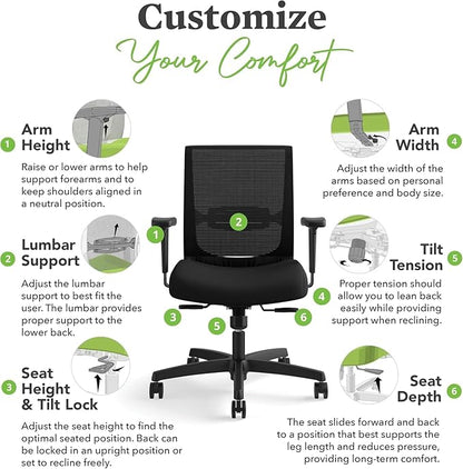 HON Convergence Ergonomic Office Chair, Breathable Back Support Mesh, Adjustable Arms, Computer Chair with Lumbar Support, Rolling Swivel Wheels, Comfortable Synchro-Tilt Recline, Fabric, Ruby