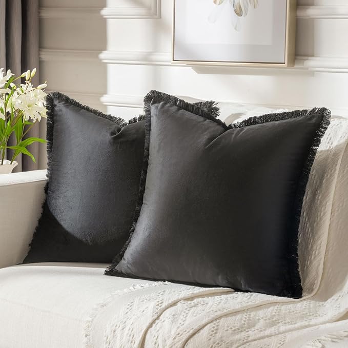 FUTEI Black Velvet Decorative Throw Pillow Covers 24x24 Set of 2,Soft Cozy Edge with Tassels European Cushion Case,Boho Modern Home Decor for Couch Bed Living Room