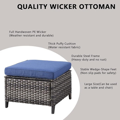 Wicker Outdoor Patio Furniture Sets - 6 Piece Patio Conversation Set with Swivel Rocker Chairs, Ottomans, Sofa and Side Table, 6 inch Cushions, Waterproof Wicker, for Porch Deck Mixed Grey/Blue