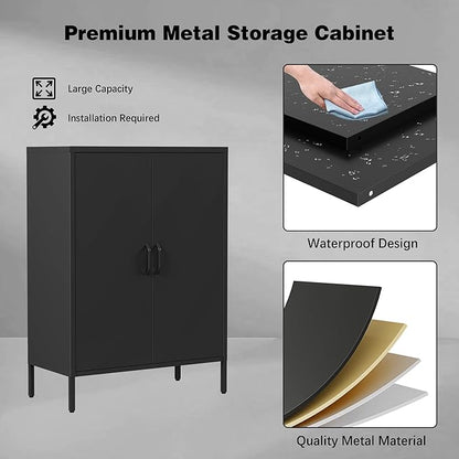 Metal Locker Storage Cabinet, Home Office Metal Storage Cabinet Small Sideboard with 2 Doors and 2 Adjustable Shelves,40" Counter Cabinets for Office Garage Bathroom Living Room Hallway