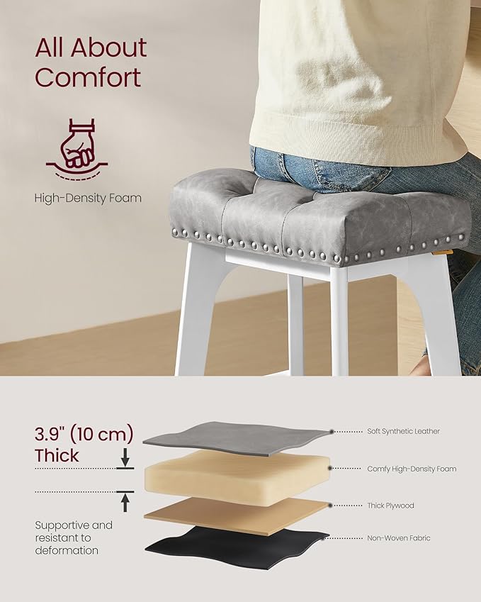 VASAGLE Bar Stools Set of 2, Saddle Counter Height Bar Stools, 26-Inch Backless Kitchen Stools with Wood Legs, PU Leather Thickened Upholstered Barstools for Kitchen Island Dining Room, Dove Gray