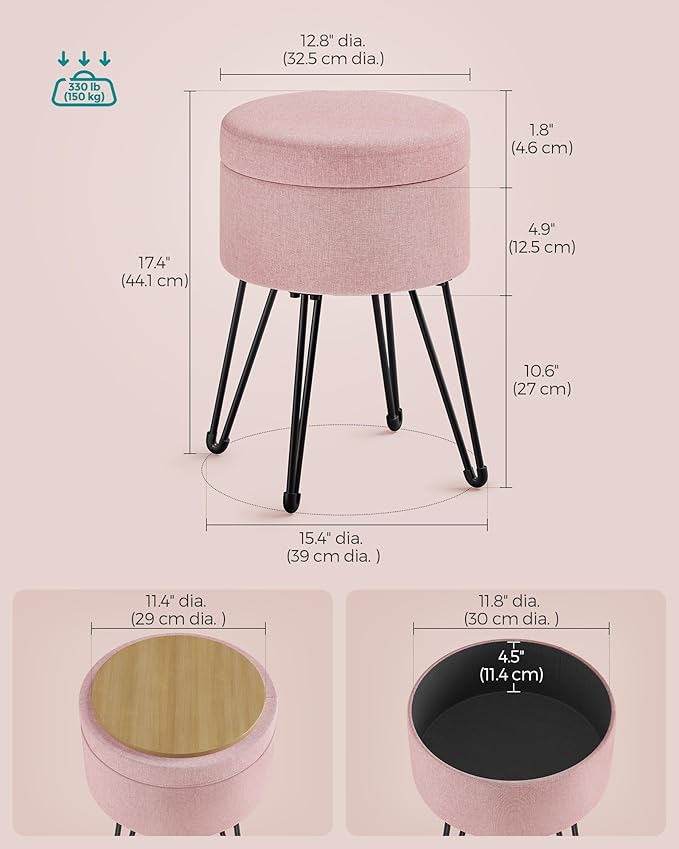 SONGMICS Vanity Stool Chair, Small Ottoman Stool with Storage, Vanity Chair, 15.4 Dia. x 17.4 Inches, 4 Metal Legs, for Makeup Room, for Living Room, Bedroom, Jelly Pink ULOM002R01