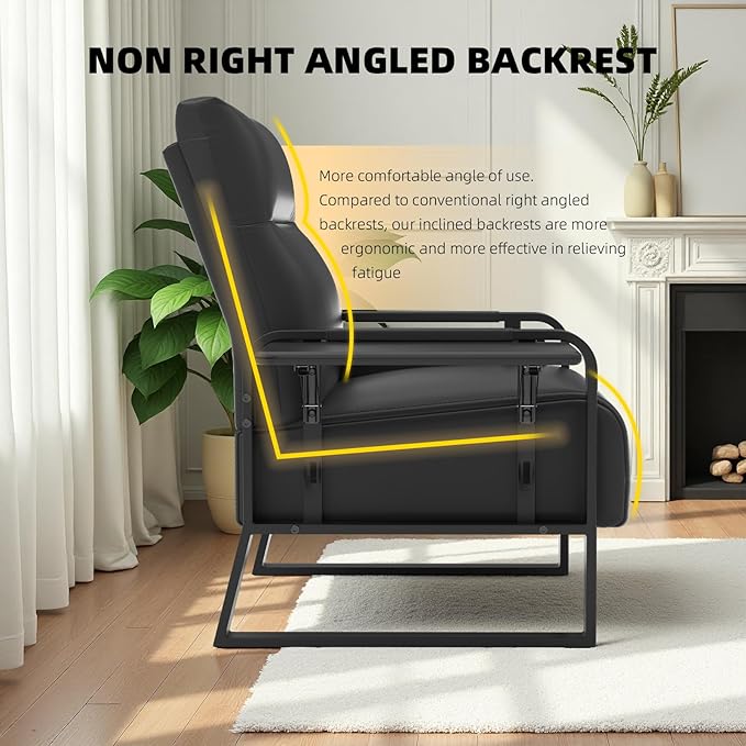 Faux Leather Accent Chair with Flip Up Tray Table Soft Backrest Side Pocket for Living Room Office Bedroom Leather Accent Chair, Black