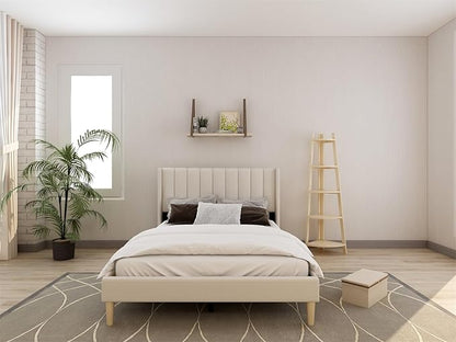 Low Profile Upholstered Platform Bed,Queen Beds with Beige(Linen)