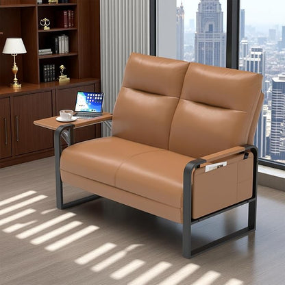 Modern Leather Loveseat, Small Sofa with Side Tray & Pocket, Upholstered Mini Couch for Living Room, Office, Guest Room, Brown