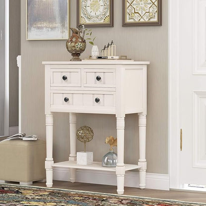 Knocbel Slim Antique Entry Console Table with Drawers & Bottom Open Shelf, Solid Wood Sofa Couch Table for Entryway Hallway Living Room (Ivory White)