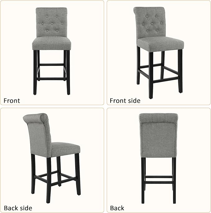 GOTMINSI 24 Inch Bar Stools for Kitchen Island, Set of 2 Fabric Barstools Upholstered Back Counter Bar Stools with Button Tufted Decoration Leisure Style Wooden Bar Chairs(Grey)