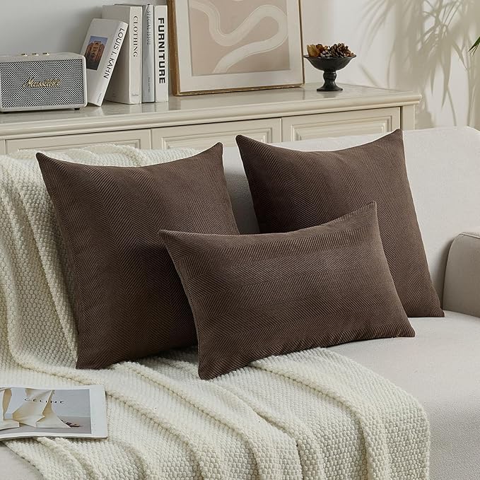 FUTEI Dark Coffee Chenille Throw Pillow Covers 24x24 Inch Set of 2,Soft Wide Chevron Textured European Pillow Shams,Farmhouse Home Decor for Couch Bed Living Room