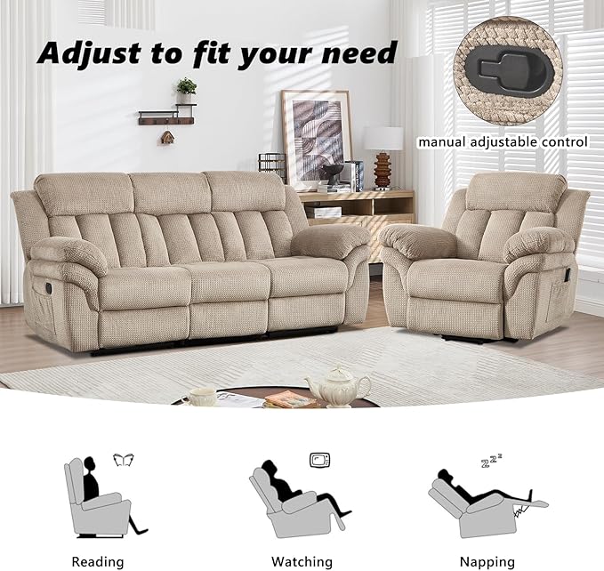 CANMOV Recliner Sofa Set, Oversize Power Lift Recliner Chair and Manual Loveseat with Overstuffed Armrest for Living Room,Bedroom Furniture,Office,1+3 Seat Light Brown
