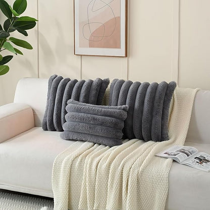 FUTEI Grey Decorative Throw Pillow Covers 16x16 Inch Set of 2, Square Soft Faux Rabbit Fur Thick Striped Cushion Cover,Winter Home Decor for Couch Bed Living Room